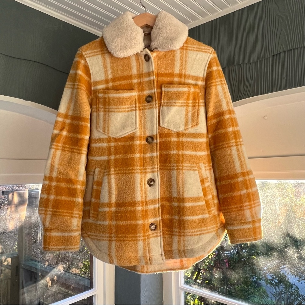 GAP Plaid Wool Shirt Jacket with Removable Sherpa Collar